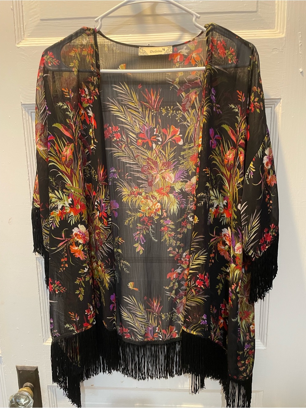 Floral Sheer Fringe Kimono - Black with Multicolor, Medium